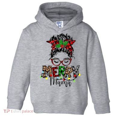 Merry Mama Christmas Messy Bun Ladies Red Plaid Leopard Gift Toddler Hoodie