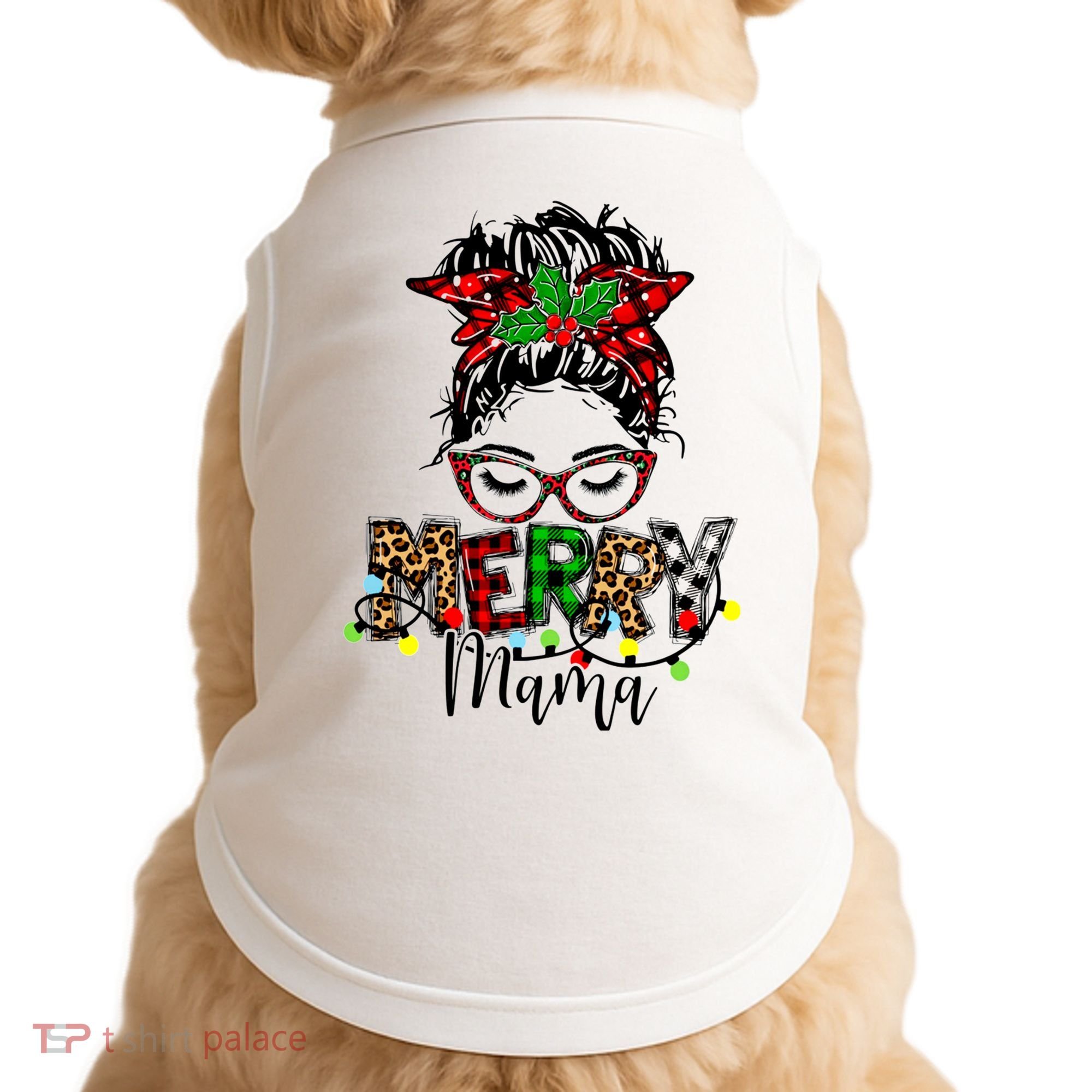 Merry Mama Christmas Messy Bun Ladies Red Plaid Leopard Gift Doggie Tank