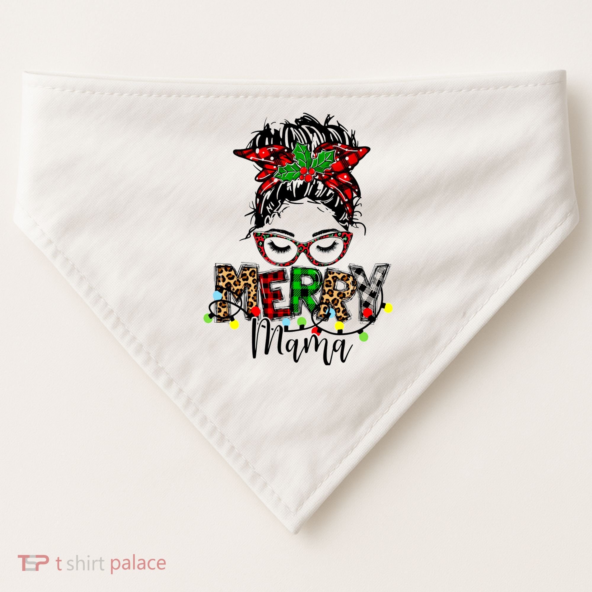 Merry Mama Christmas Messy Bun Ladies Red Plaid Leopard Gift USA-Made Doggie Bandana
