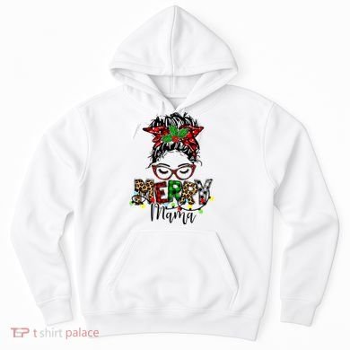 Merry Mama Christmas Messy Bun Ladies Red Plaid Leopard Gift Hoodie