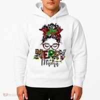 Merry Mama Christmas Messy Bun Ladies Red Plaid Leopard Gift Hoodie thumb 2