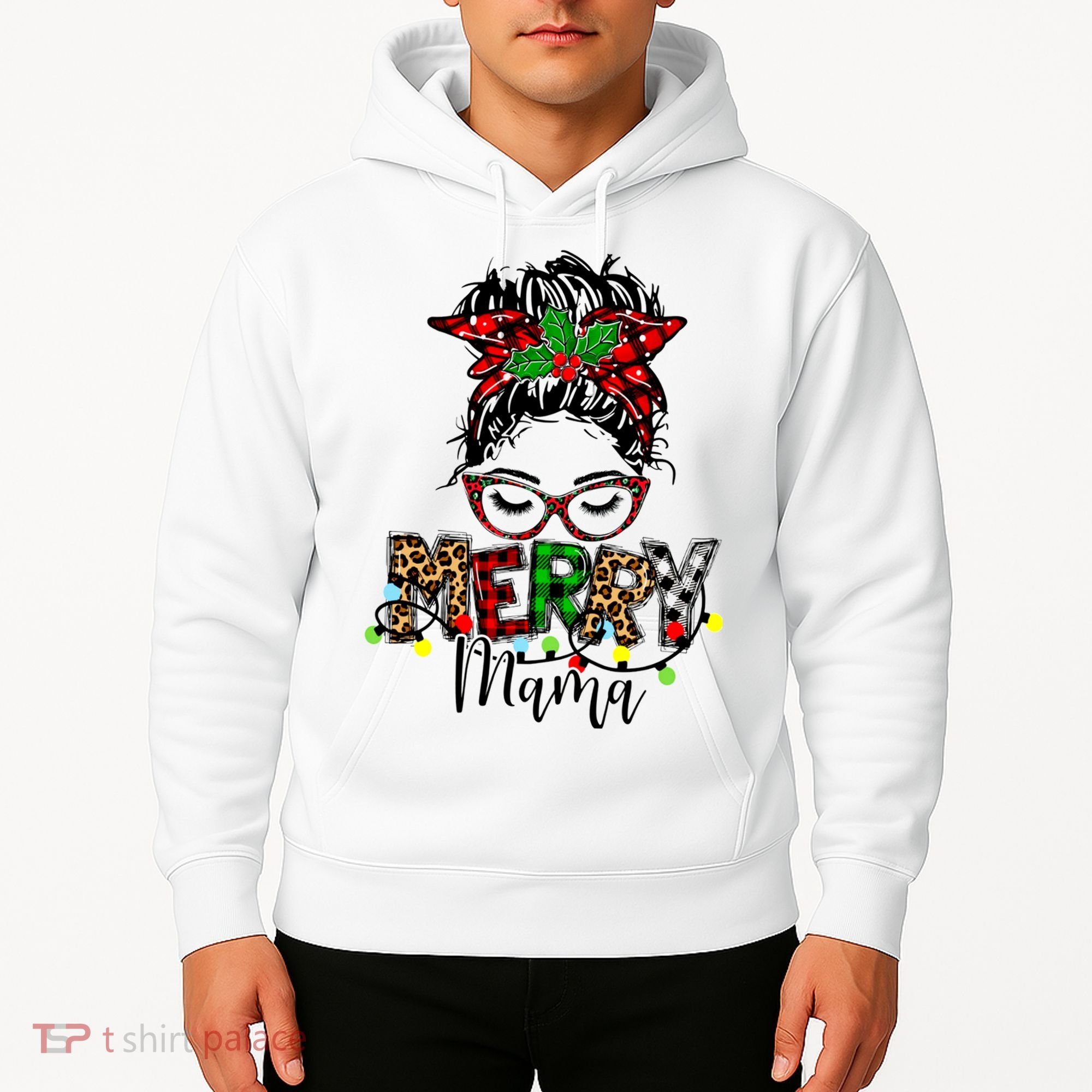 Merry Mama Christmas Messy Bun Ladies Red Plaid Leopard Gift Hoodie
