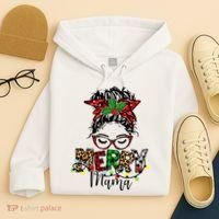 Merry Mama Christmas Messy Bun Ladies Red Plaid Leopard Gift Hoodie thumb 4