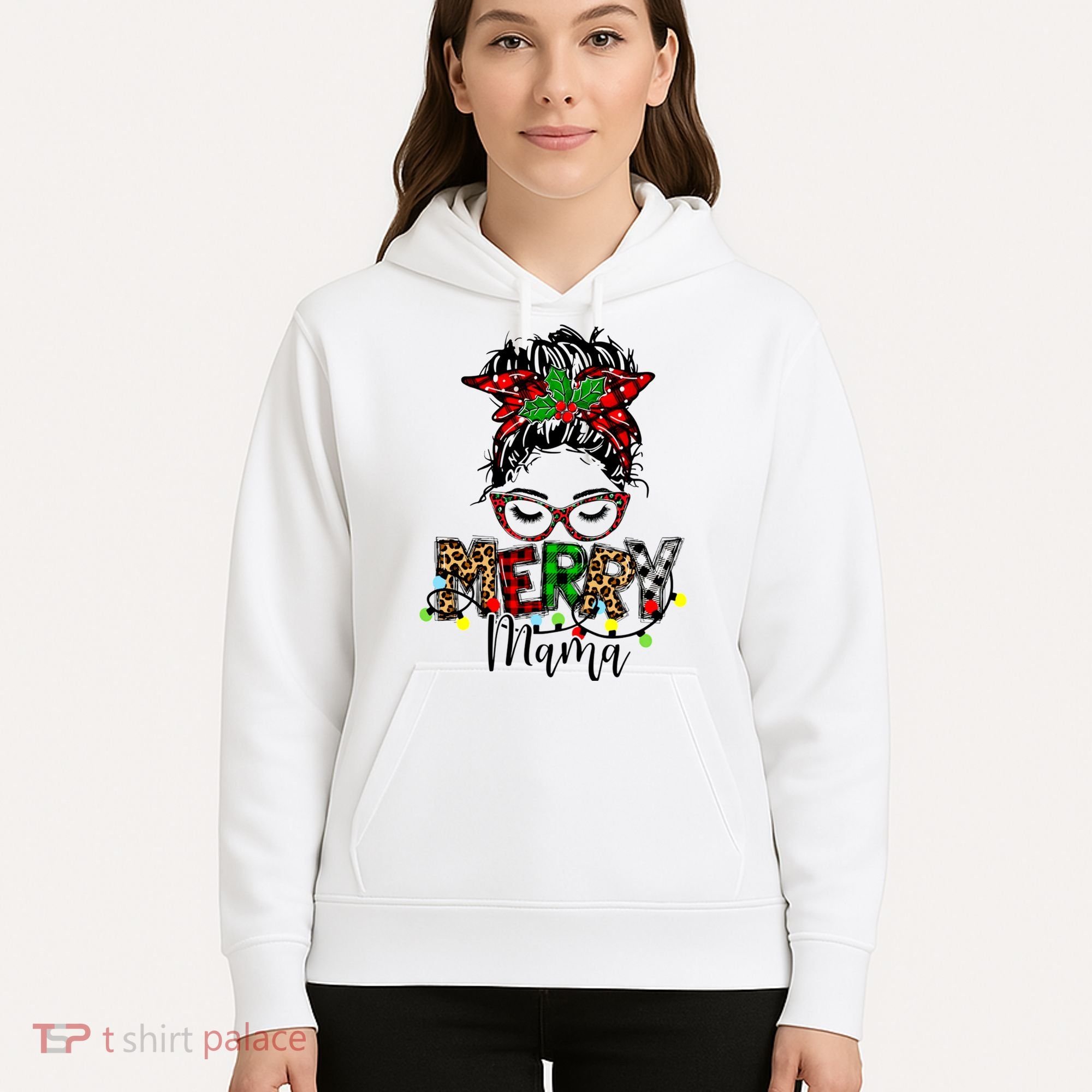 Merry Mama Christmas Messy Bun Ladies Red Plaid Leopard Gift Hoodie