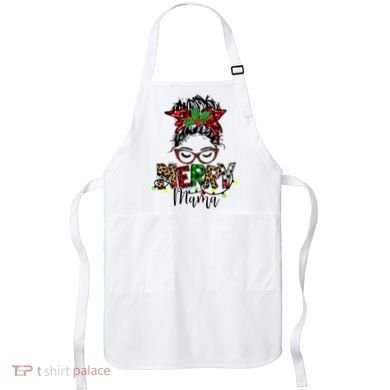 Merry Mama Christmas Messy Bun Ladies Red Plaid Leopard Gift Apron