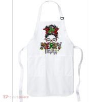 Merry Mama Christmas Messy Bun Ladies Red Plaid Leopard Gift Apron thumb 0