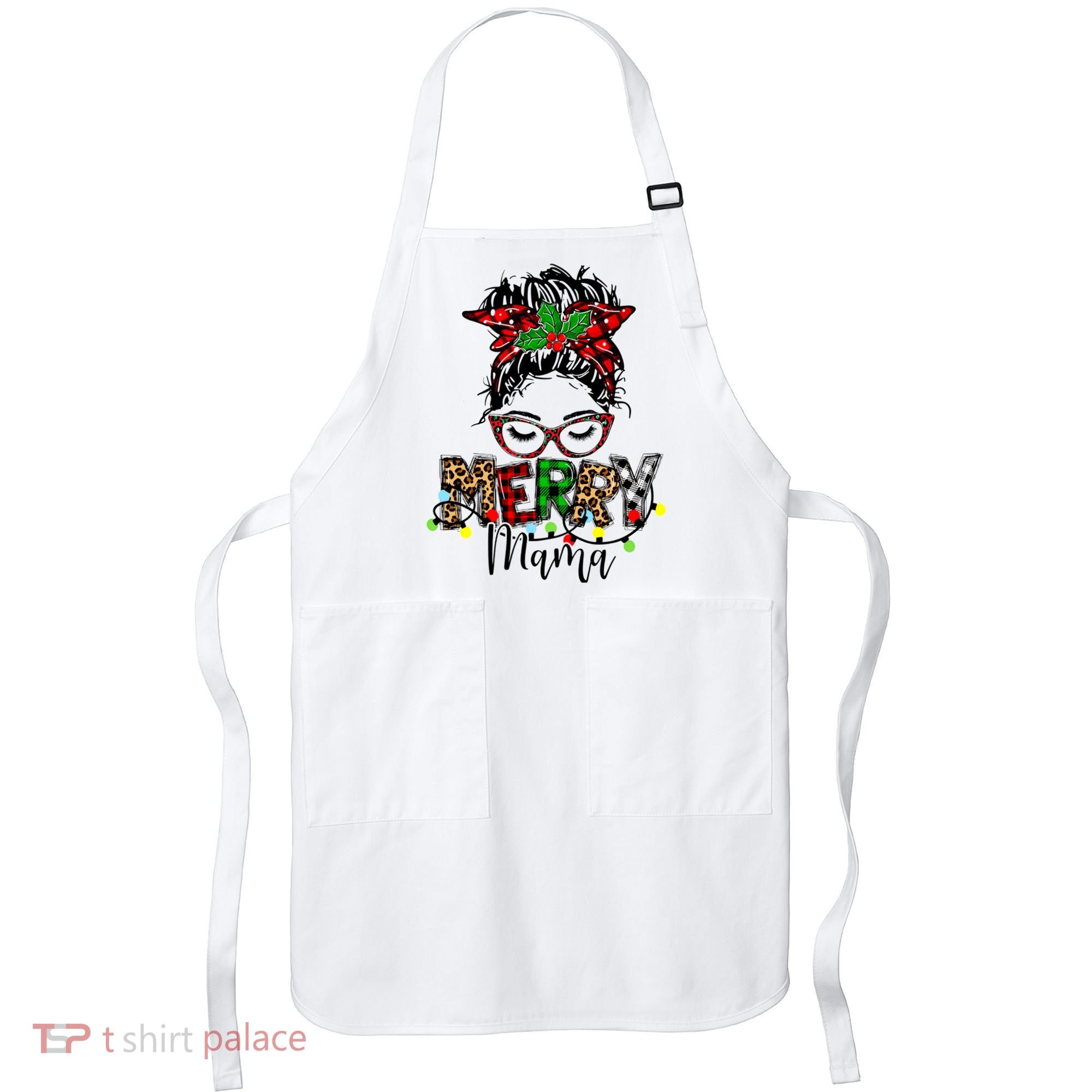 Merry Mama Christmas Messy Bun Ladies Red Plaid Leopard Gift Apron