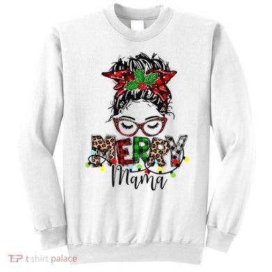 Merry Mama Christmas Messy Bun Ladies Red Plaid Leopard Gift Sweatshirt