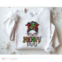 Merry Mama Christmas Messy Bun Ladies Red Plaid Leopard Gift Sweatshirt thumb 2
