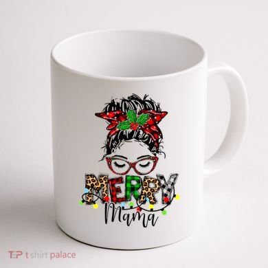 Merry Mama Christmas Messy Bun Ladies Red Plaid Leopard Gift Coffee Mug back