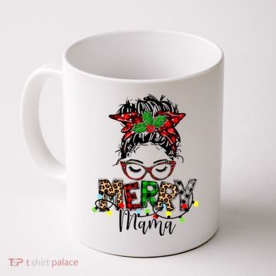 Merry Mama Christmas Messy Bun Ladies Red Plaid Leopard Gift Coffee Mug