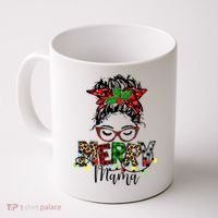 Merry Mama Christmas Messy Bun Ladies Red Plaid Leopard Gift Coffee Mug thumb 0