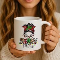 Merry Mama Christmas Messy Bun Ladies Red Plaid Leopard Gift Coffee Mug thumb 3