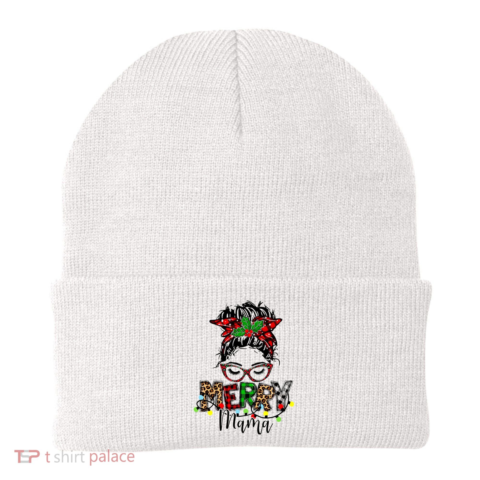 Merry Mama Christmas Messy Bun Ladies Red Plaid Leopard Gift Beanie