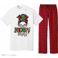 Merry Mama Christmas Messy Bun Ladies Red Plaid Leopard Gift Pajama Set thumb 0