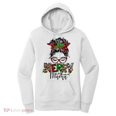 Merry Mama Christmas Messy Bun Ladies Red Plaid Leopard Gift Women's Hoodie