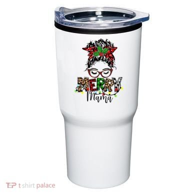 Merry Mama Christmas Messy Bun Ladies Red Plaid Leopard Gift Tumbler