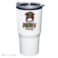 Merry Mama Christmas Messy Bun Ladies Red Plaid Leopard Gift Tumbler thumb 0