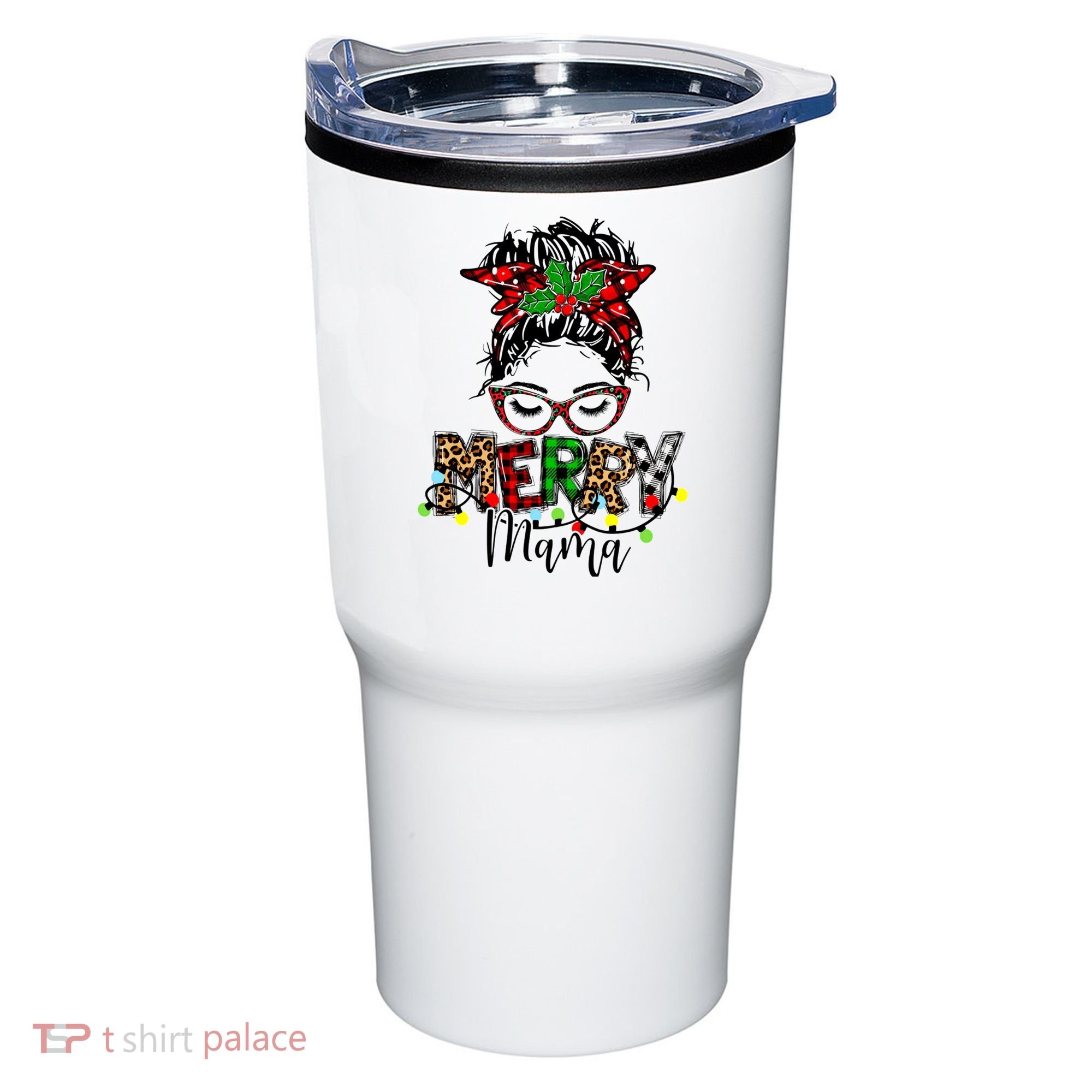 Merry Mama Christmas Messy Bun Ladies Red Plaid Leopard Gift Tumbler