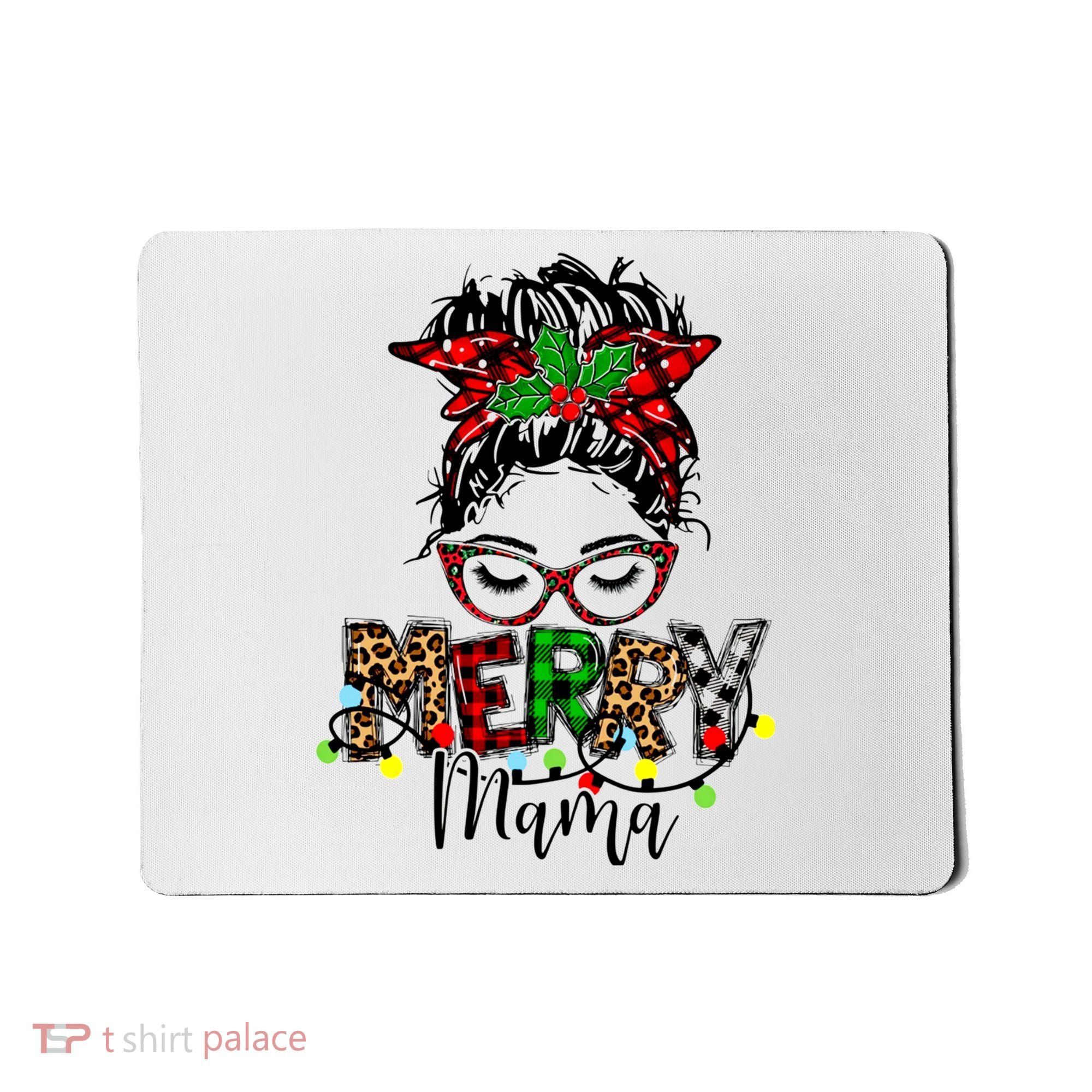 Merry Mama Christmas Messy Bun Ladies Red Plaid Leopard Gift Mousepad