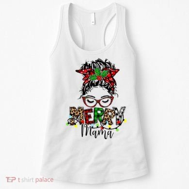 Merry Mama Christmas Messy Bun Ladies Red Plaid Leopard Gift Women's Tank Top