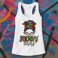 Merry Mama Christmas Messy Bun Ladies Red Plaid Leopard Gift Women's Tank Top thumb 3