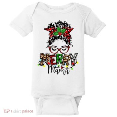 Merry Mama Christmas Messy Bun Ladies Red Plaid Leopard Gift Baby Bodysuit