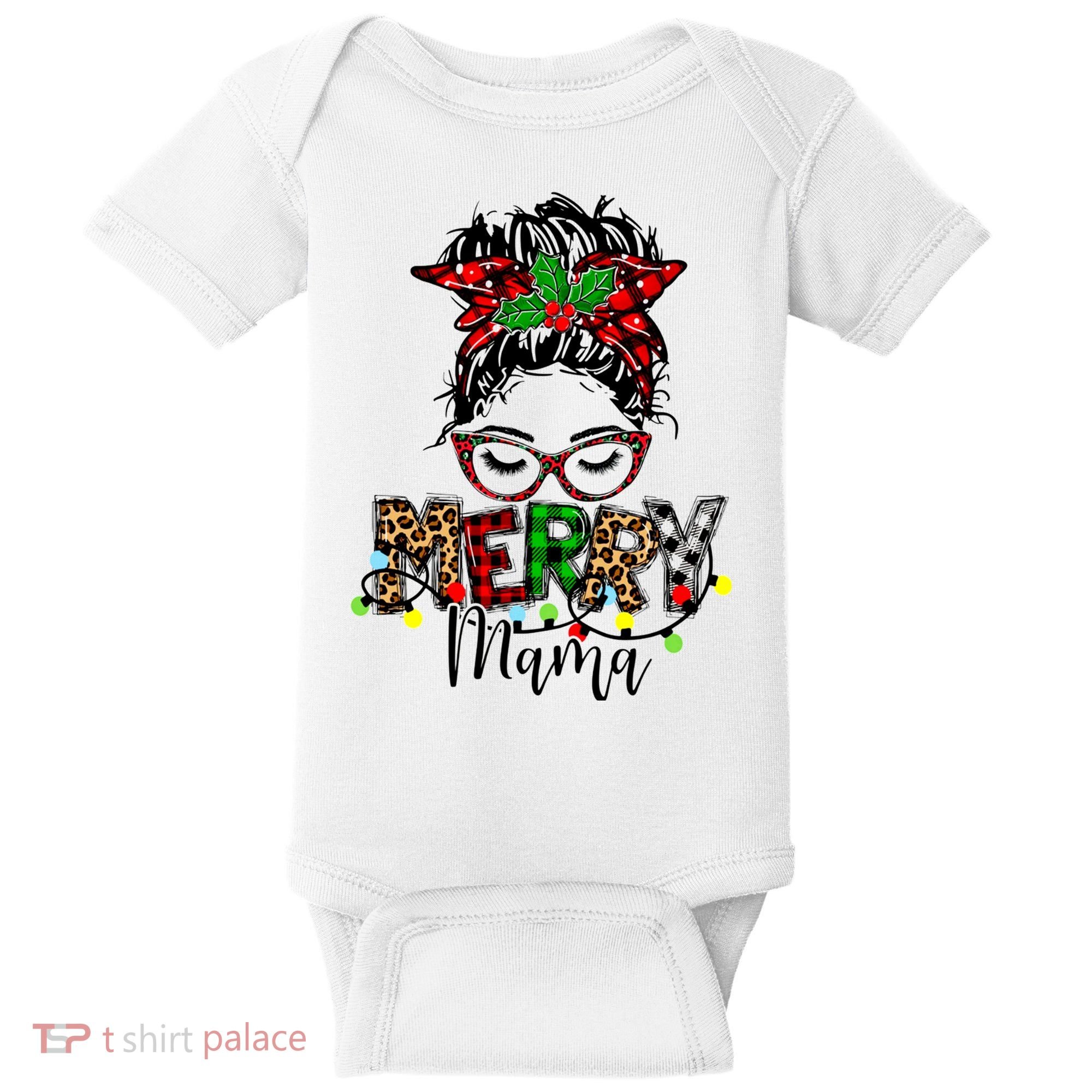 Merry Mama Christmas Messy Bun Ladies Red Plaid Leopard Gift Baby Bodysuit