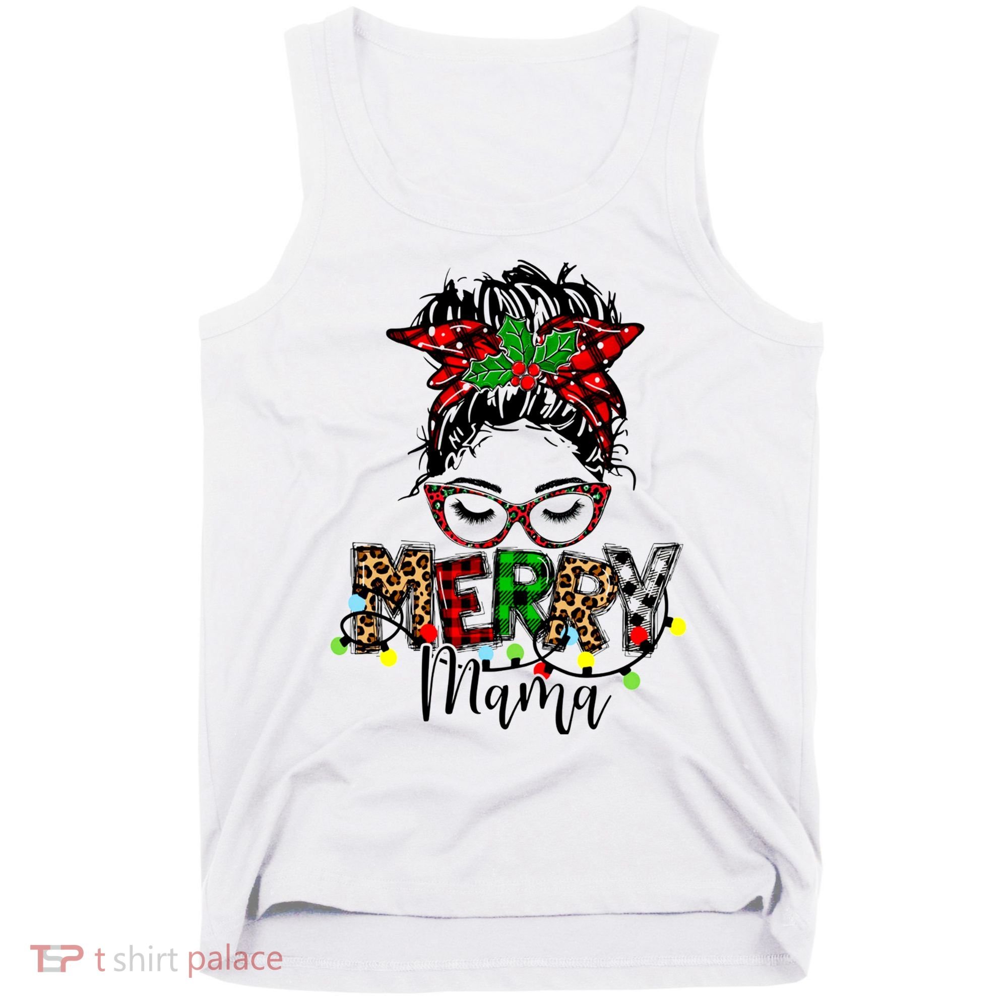 Merry Mama Christmas Messy Bun Ladies Red Plaid Leopard Gift Tank Top