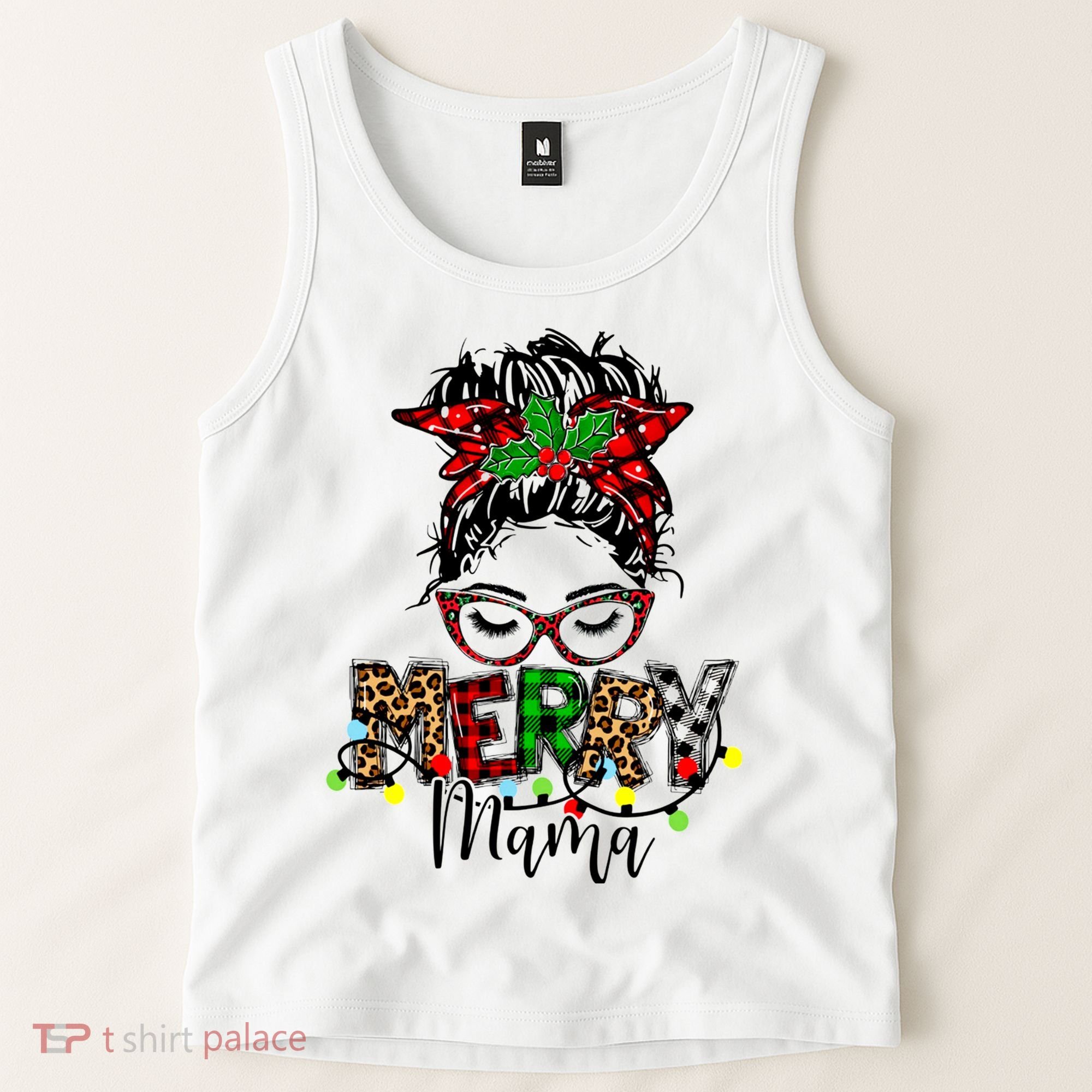 Merry Mama Christmas Messy Bun Ladies Red Plaid Leopard Gift Tank Top