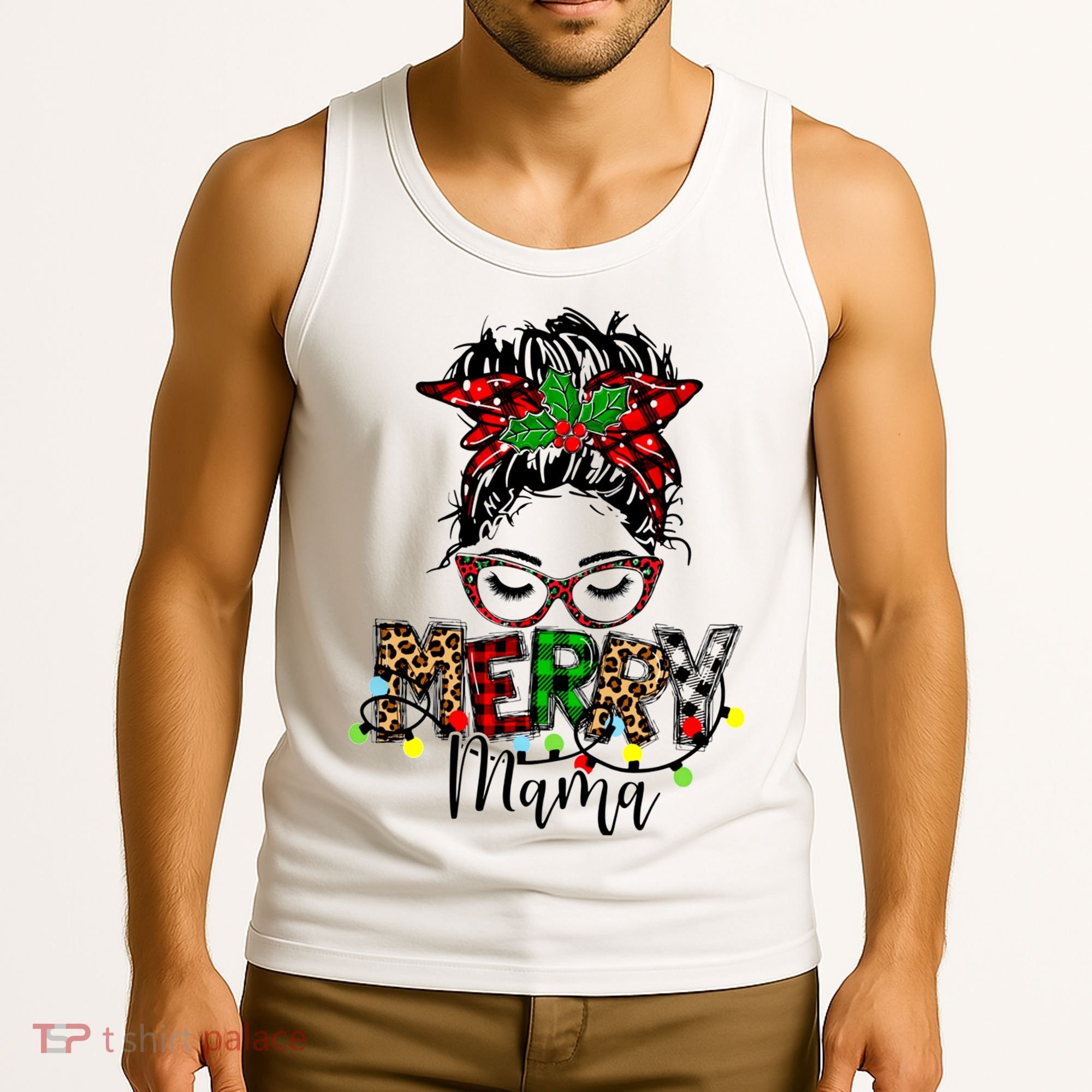 Merry Mama Christmas Messy Bun Ladies Red Plaid Leopard Gift Tank Top