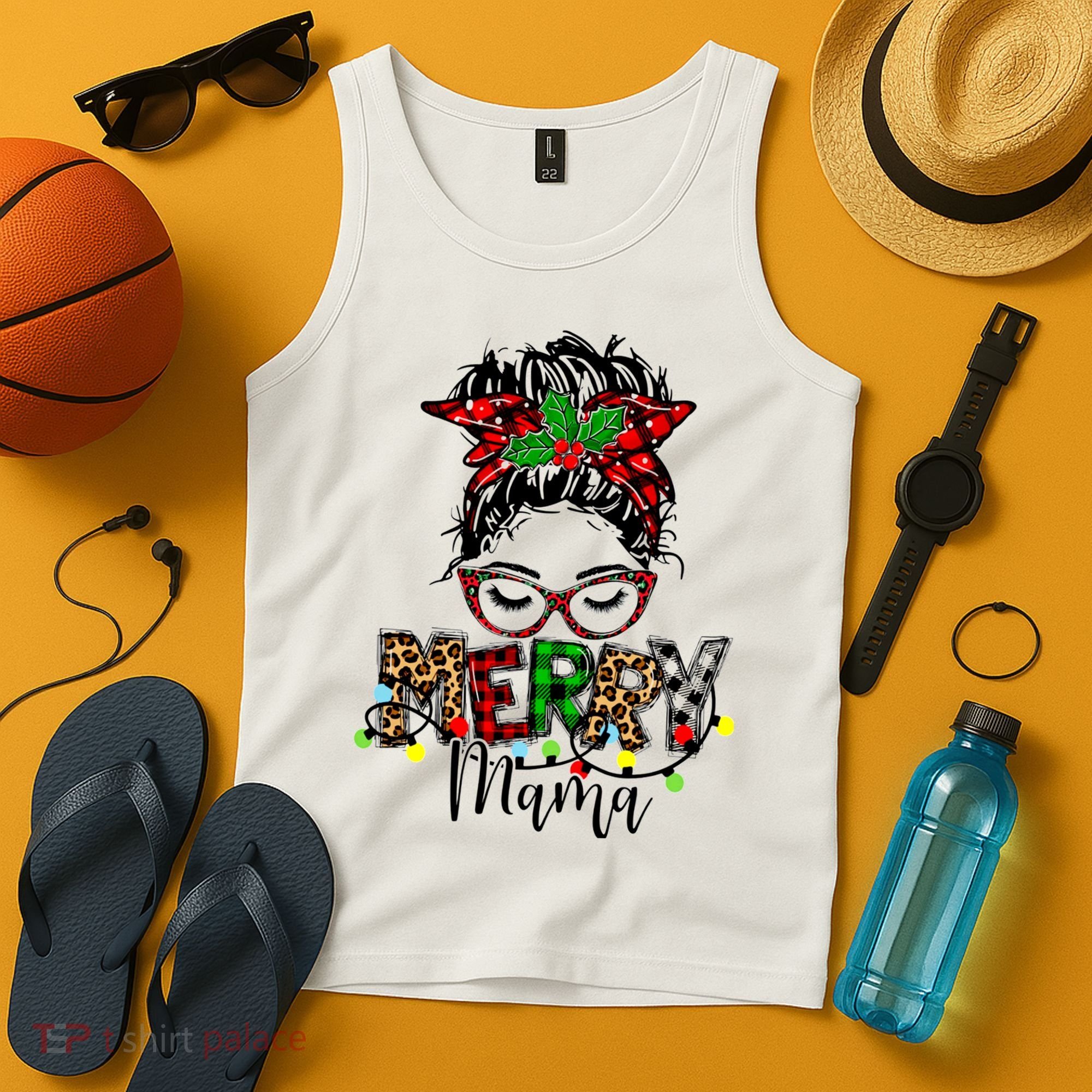 Merry Mama Christmas Messy Bun Ladies Red Plaid Leopard Gift Tank Top