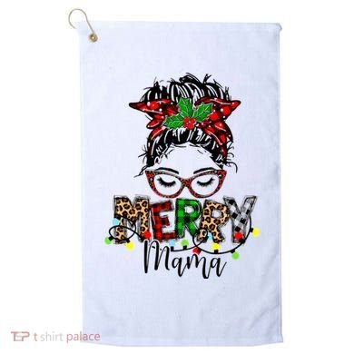 Merry Mama Christmas Messy Bun Ladies Red Plaid Leopard Gift Golf Towel
