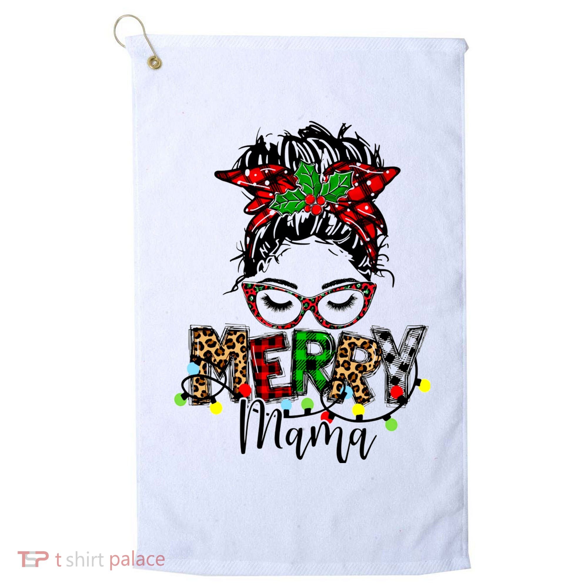 Merry Mama Christmas Messy Bun Ladies Red Plaid Leopard Gift Golf Towel