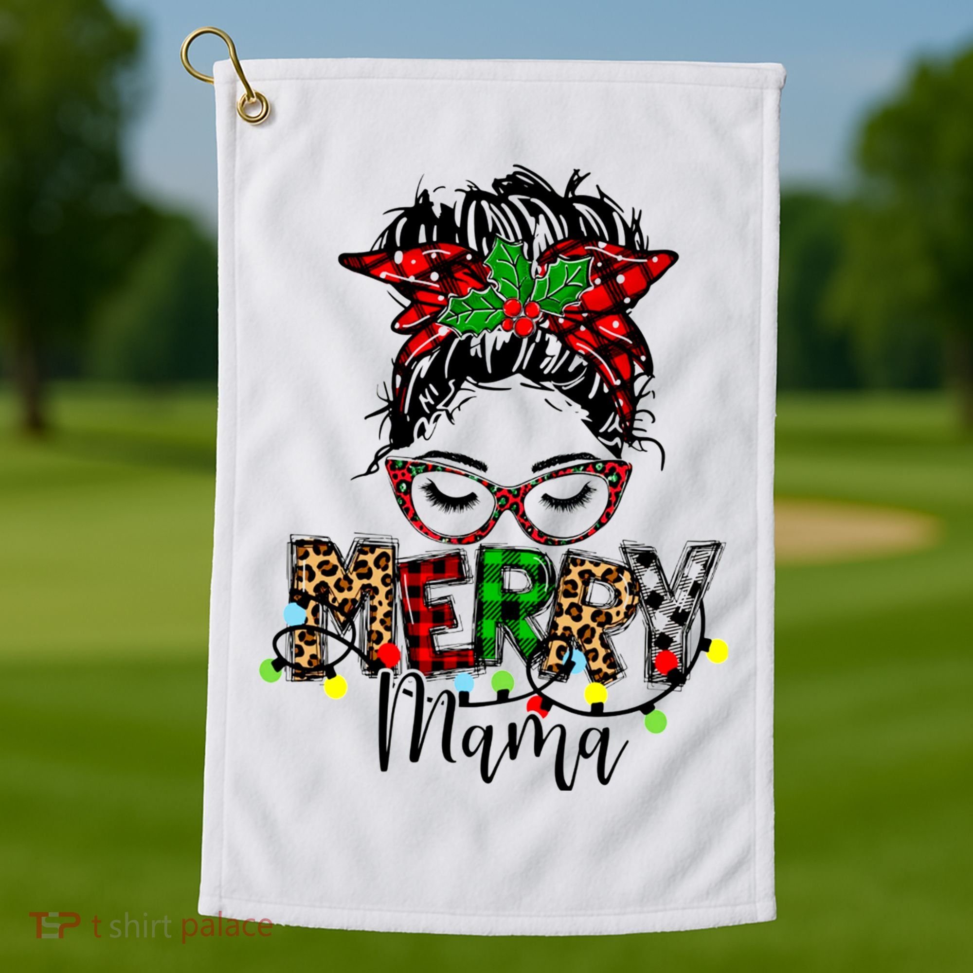 Merry Mama Christmas Messy Bun Ladies Red Plaid Leopard Gift Golf Towel