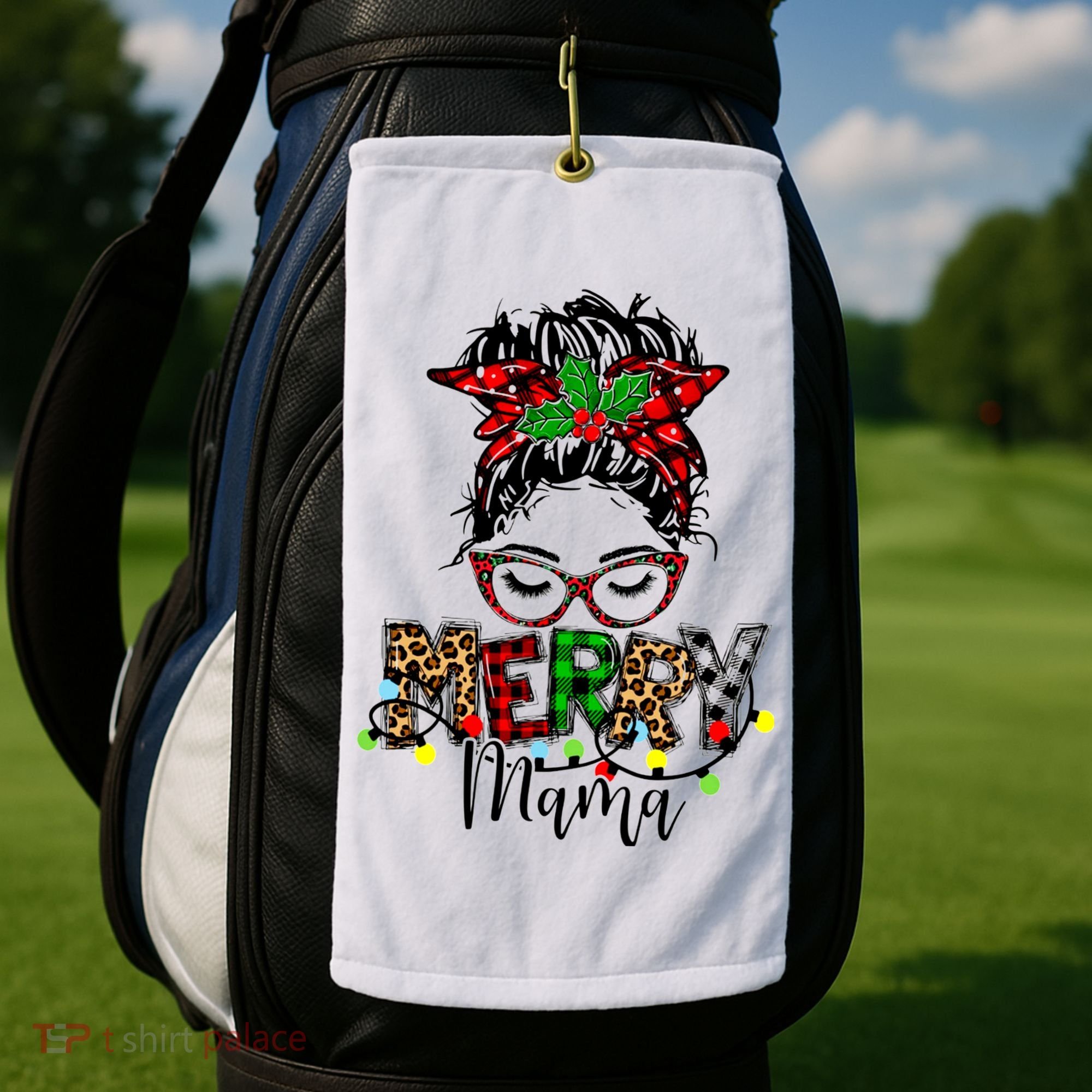 Merry Mama Christmas Messy Bun Ladies Red Plaid Leopard Gift Golf Towel
