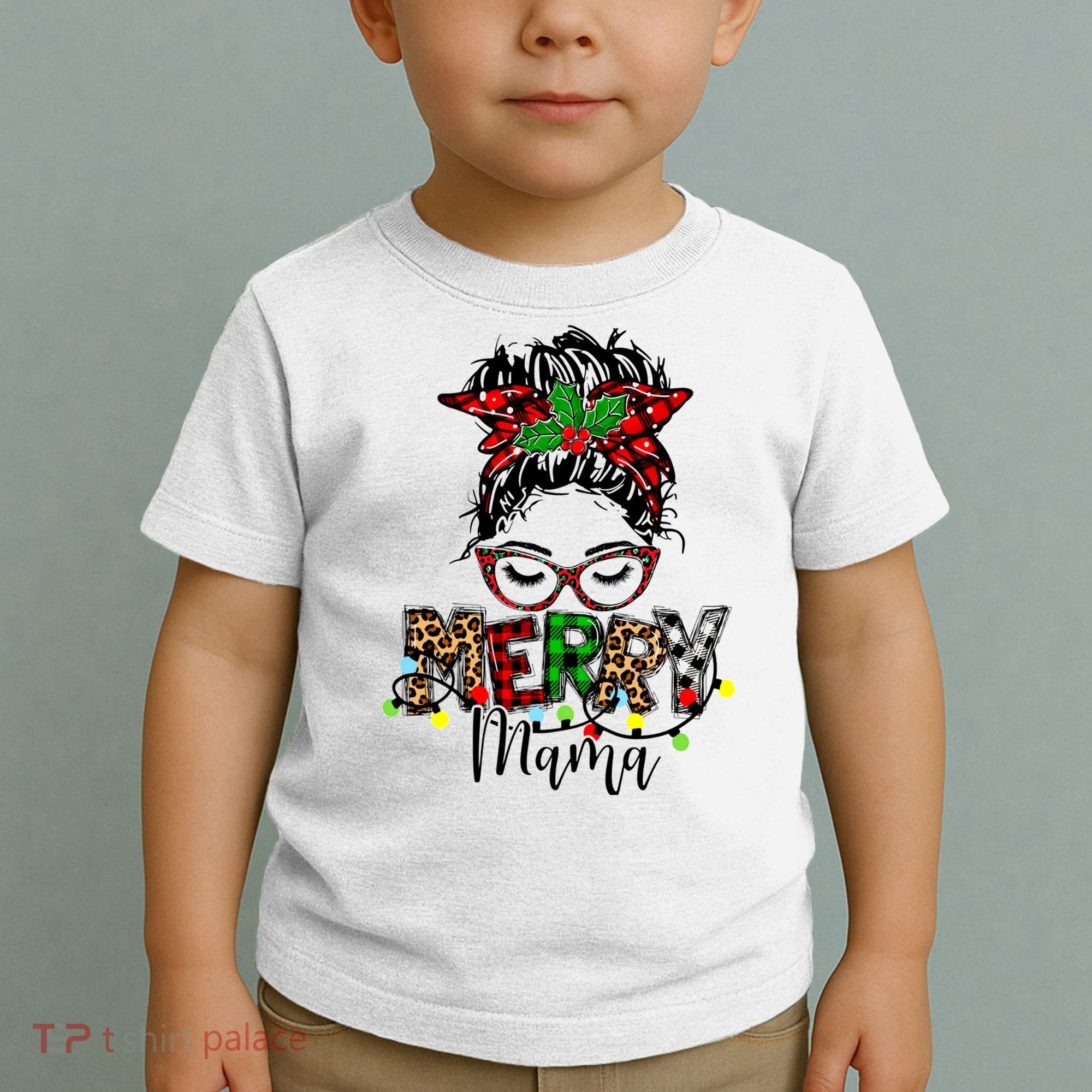 Merry Mama Christmas Messy Bun Ladies Red Plaid Leopard Gift Toddler T-Shirt