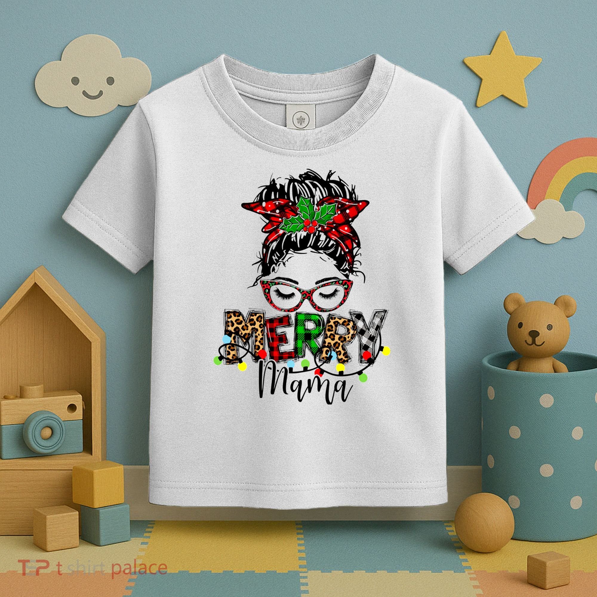Merry Mama Christmas Messy Bun Ladies Red Plaid Leopard Gift Toddler T-Shirt