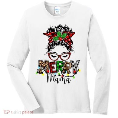 Merry Mama Christmas Messy Bun Ladies Red Plaid Leopard Gift Women's Long Sleeve Shirt