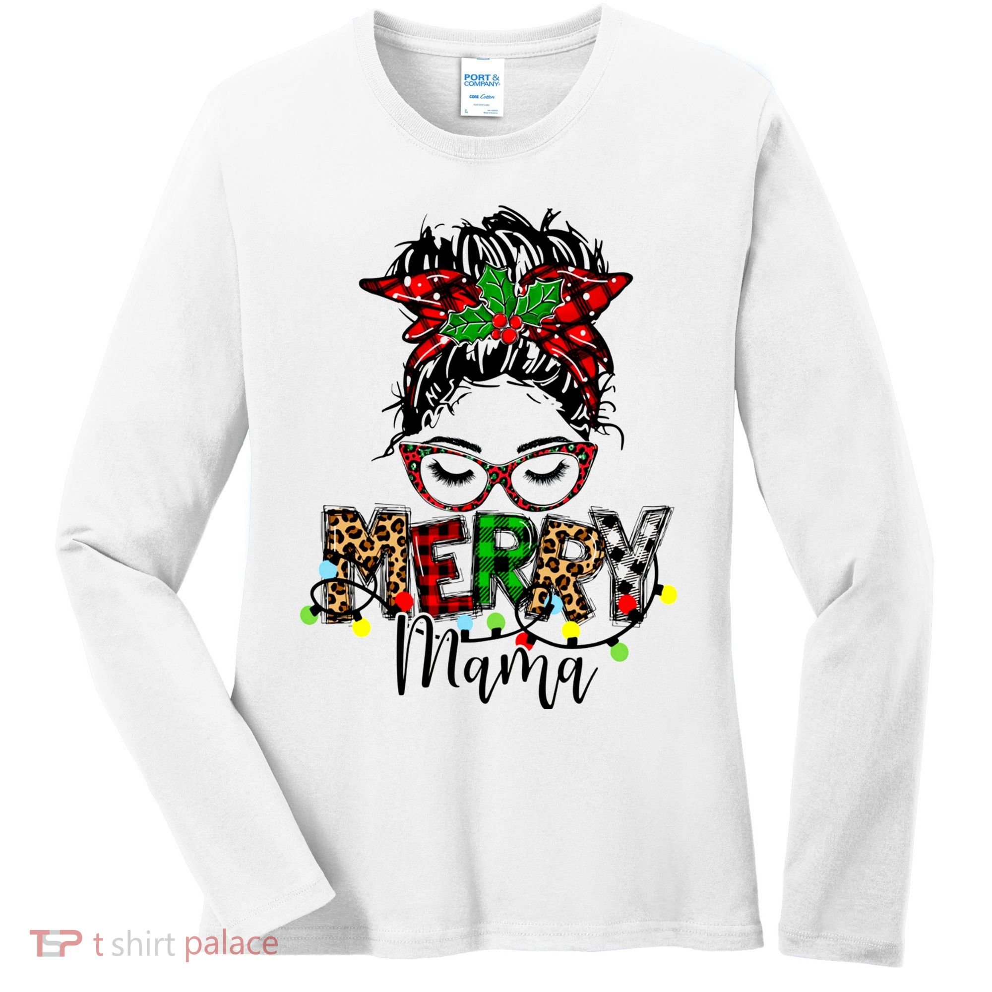 Merry Mama Christmas Messy Bun Ladies Red Plaid Leopard Gift Women's Long Sleeve Shirt