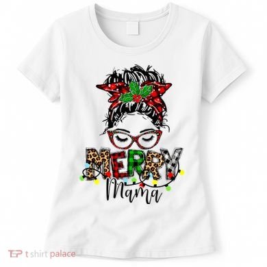 Merry Mama Christmas Messy Bun Ladies Red Plaid Leopard Gift Women's T-Shirt