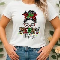 Merry Mama Christmas Messy Bun Ladies Red Plaid Leopard Gift Women's T-Shirt thumb 2