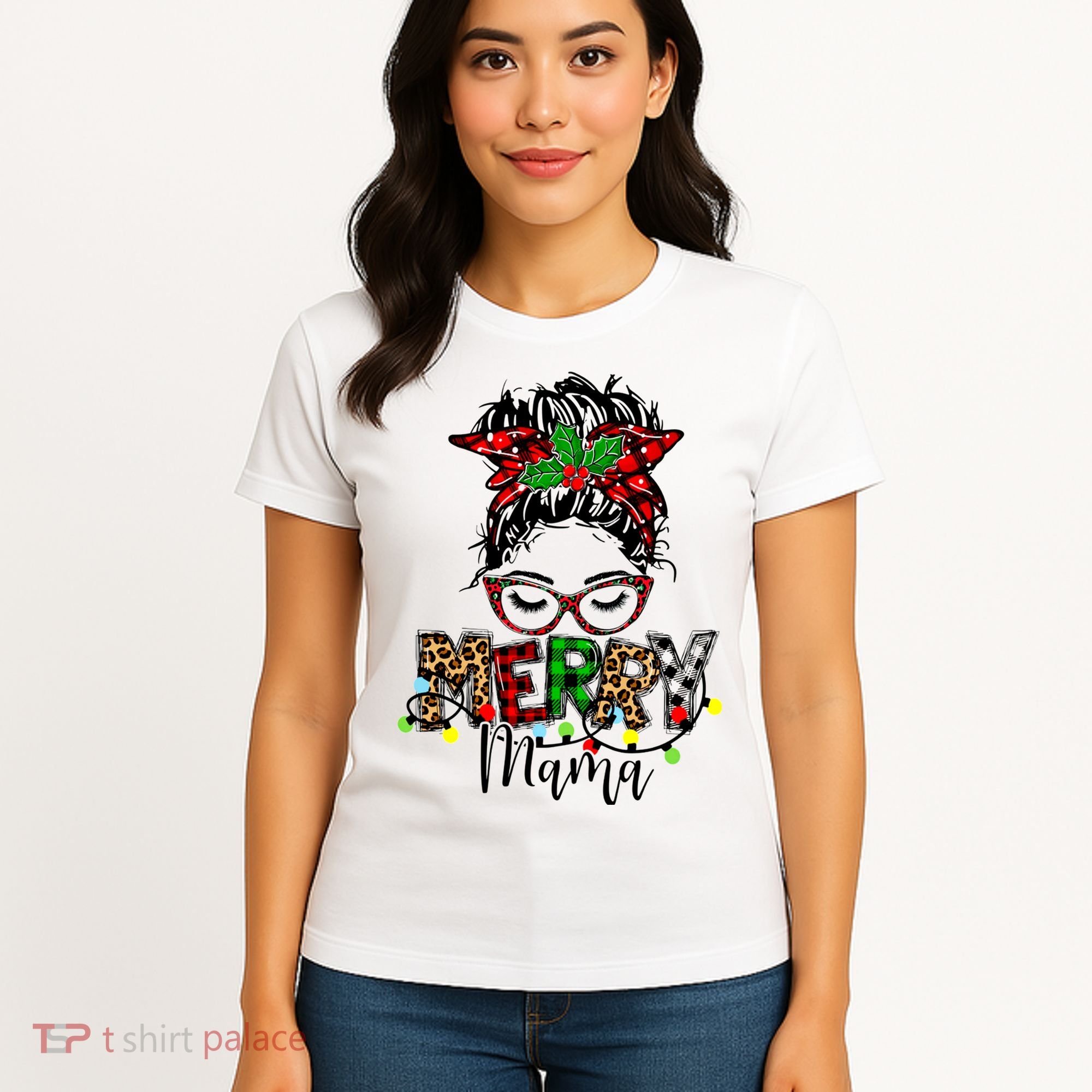 Merry Mama Christmas Messy Bun Ladies Red Plaid Leopard Gift Women's T-Shirt