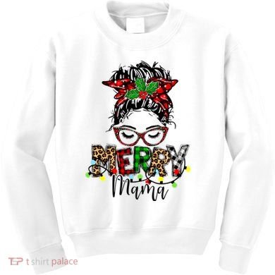 Merry Mama Christmas Messy Bun Ladies Red Plaid Leopard Gift Kids Sweatshirt