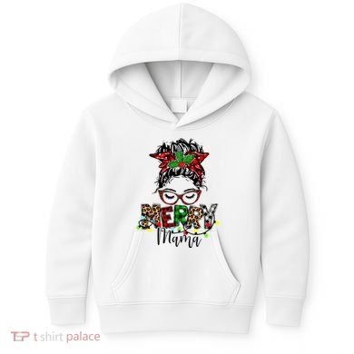 Merry Mama Christmas Messy Bun Ladies Red Plaid Leopard Gift Kids Hoodie