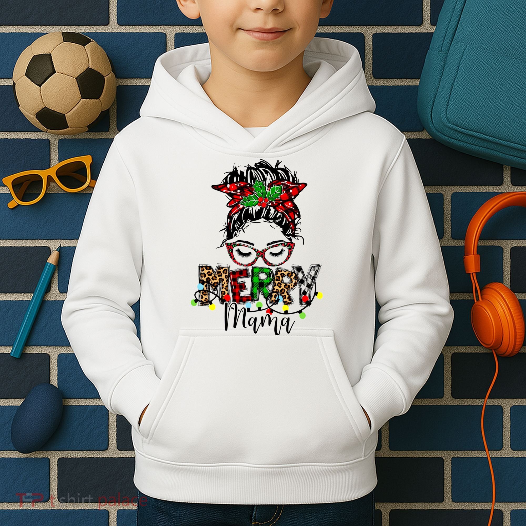 Merry Mama Christmas Messy Bun Ladies Red Plaid Leopard Gift Kids Hoodie