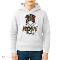Merry Mama Christmas Messy Bun Ladies Red Plaid Leopard Gift Kids Hoodie thumb 4