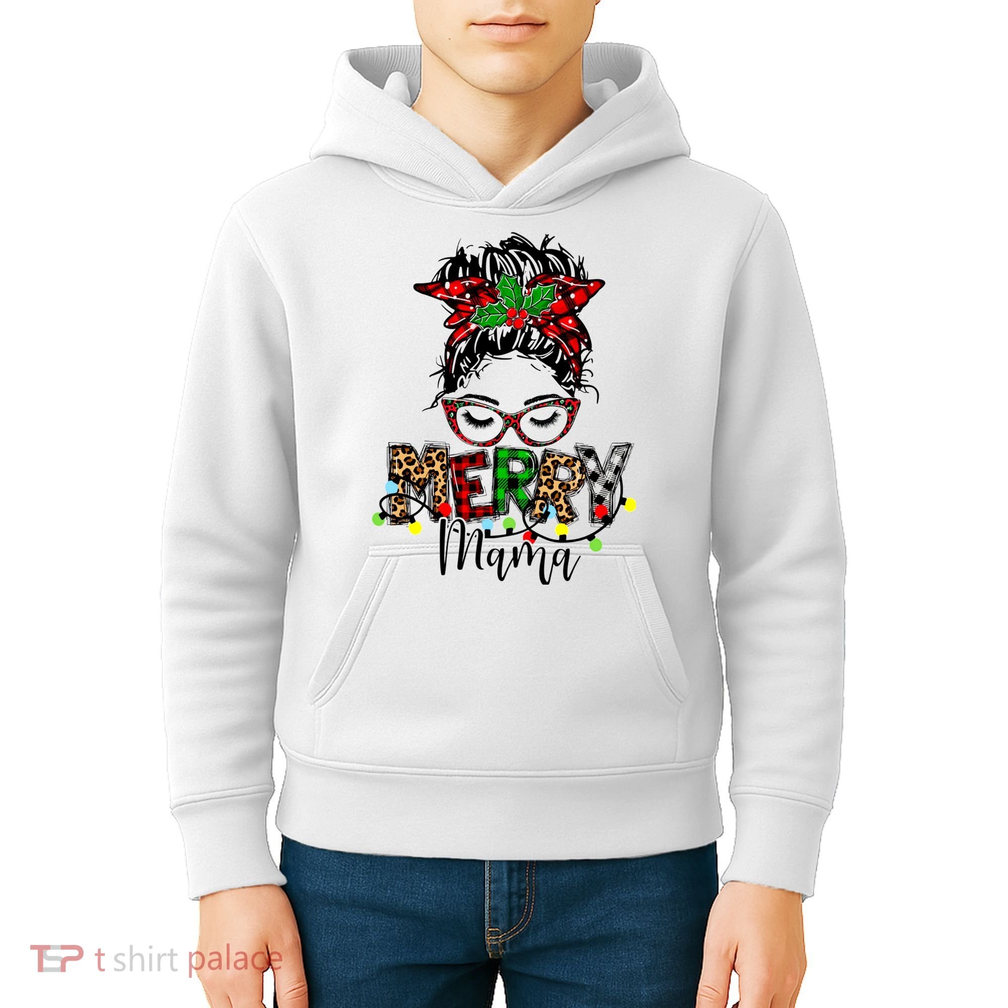 Merry Mama Christmas Messy Bun Ladies Red Plaid Leopard Gift Kids Hoodie