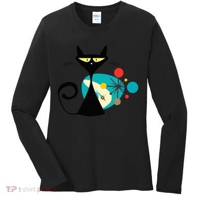 Midcentury Mid Century Cat Retro Atomic Age Space Modern Women's Long Sleeve Shirt