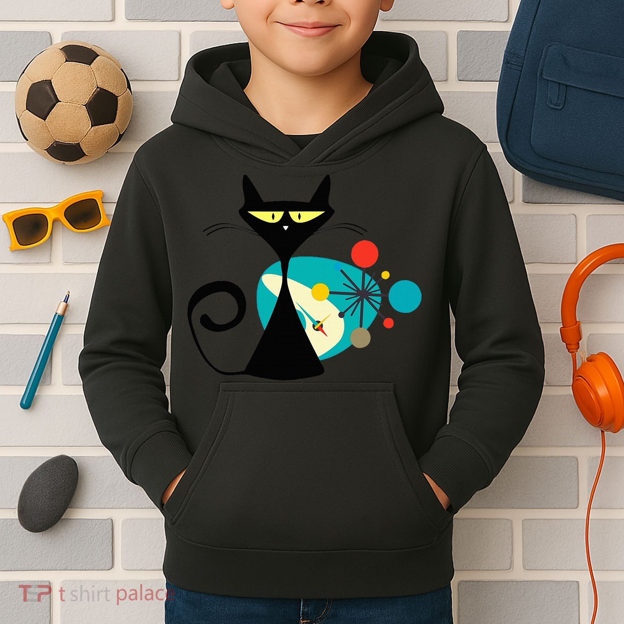 Midcentury Mid Century Cat Retro Atomic Age Space Modern Kids Hoodie